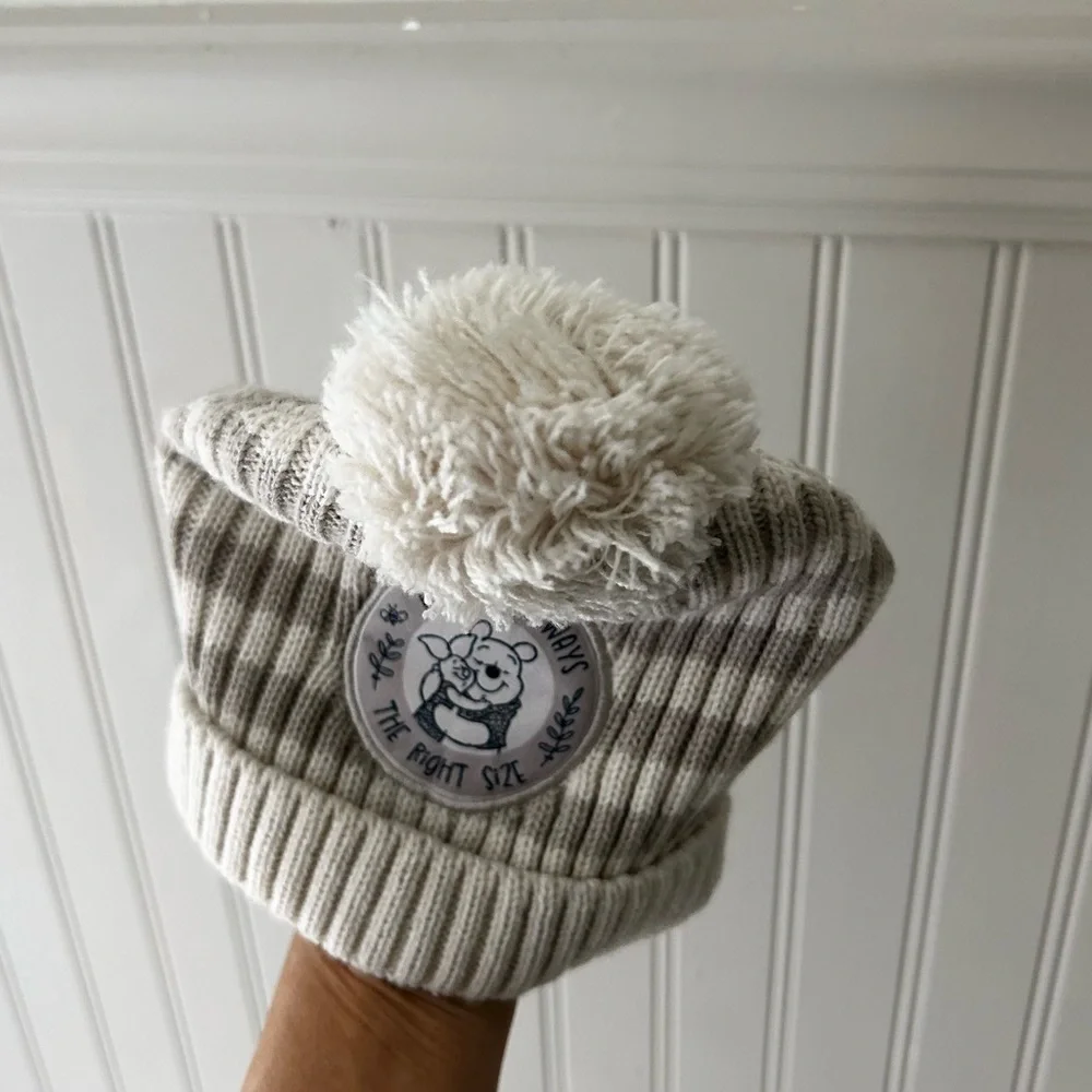 Disney Winnie The Pooh A Hug is Always The Right Size Cream Striped Beanie Hat
